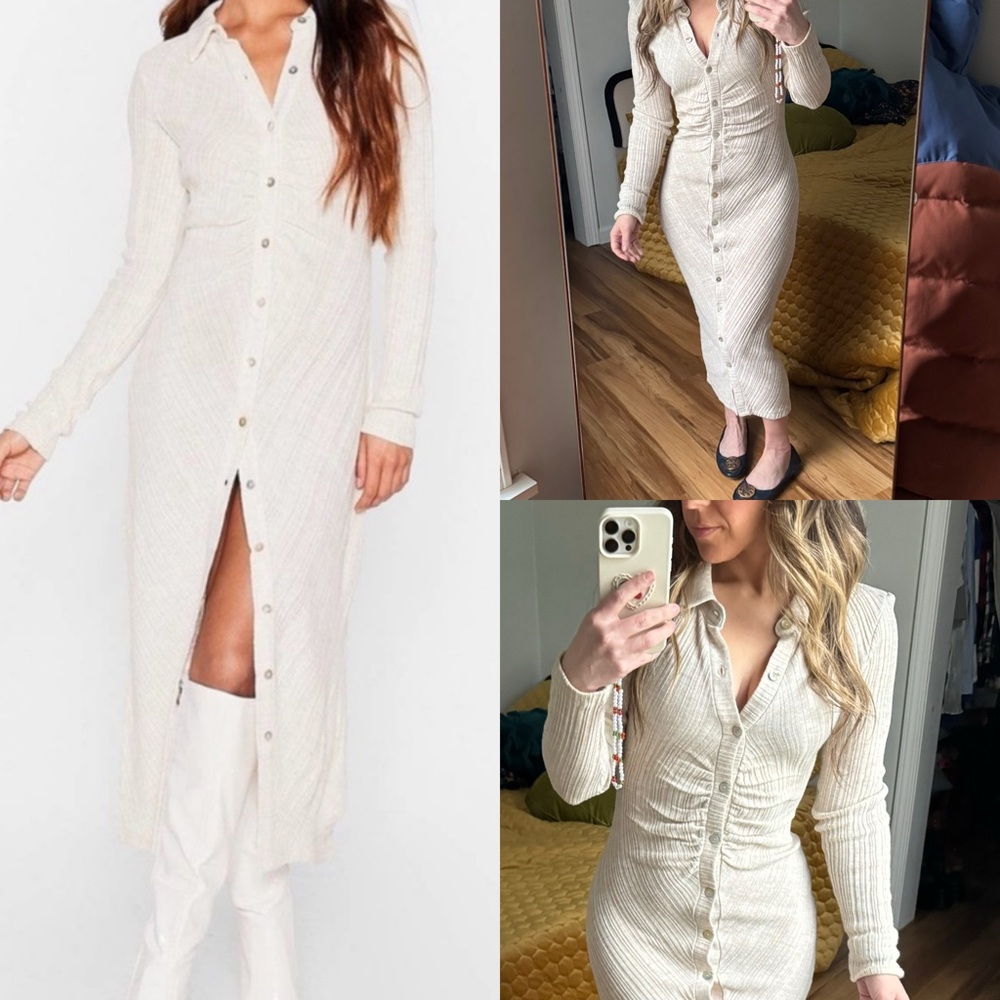 Nasty Gal knit button down collared long sleeve midi dress in cream ribbed